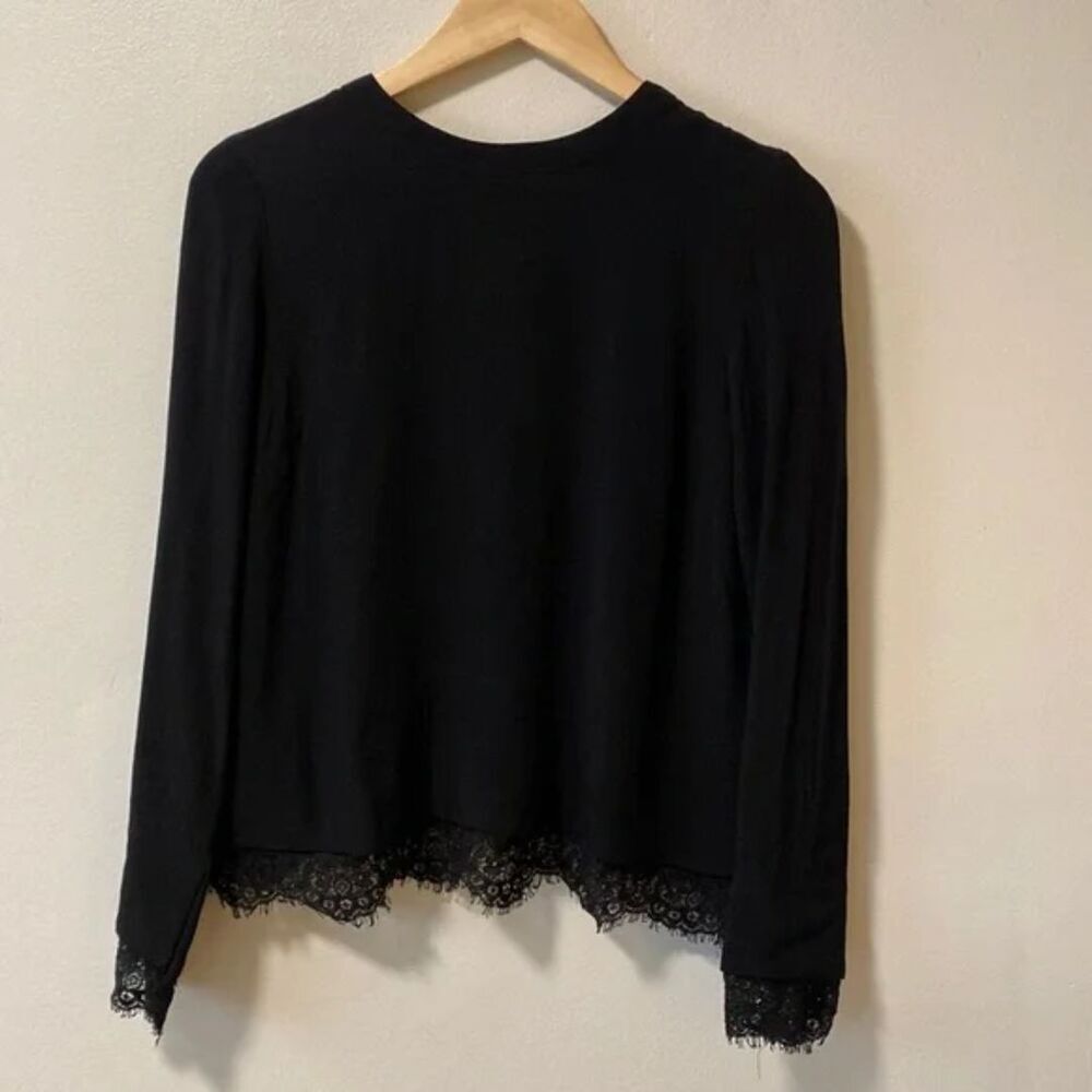 Wayf Blouse Black Long Sleeve Open Back Lace Trim Small